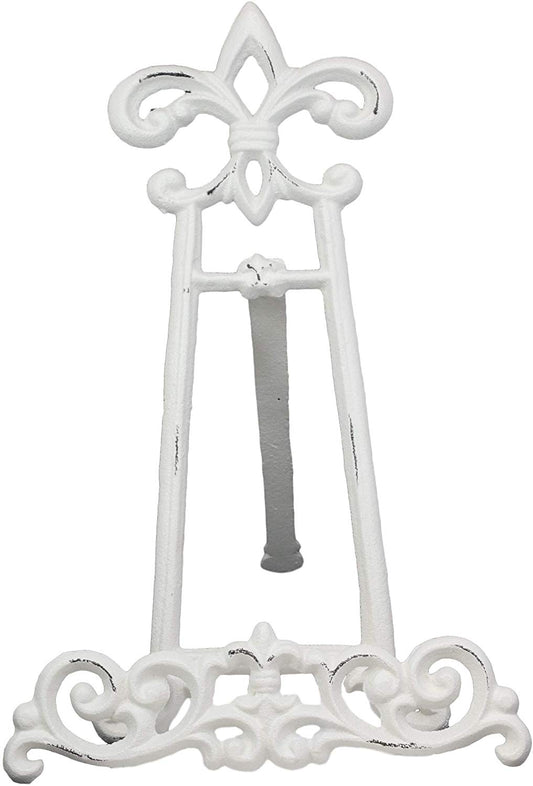 Ebros Cast Iron Rustic White Fleur De Lis Crown Scroll Art Base Easel Photo Book Stand