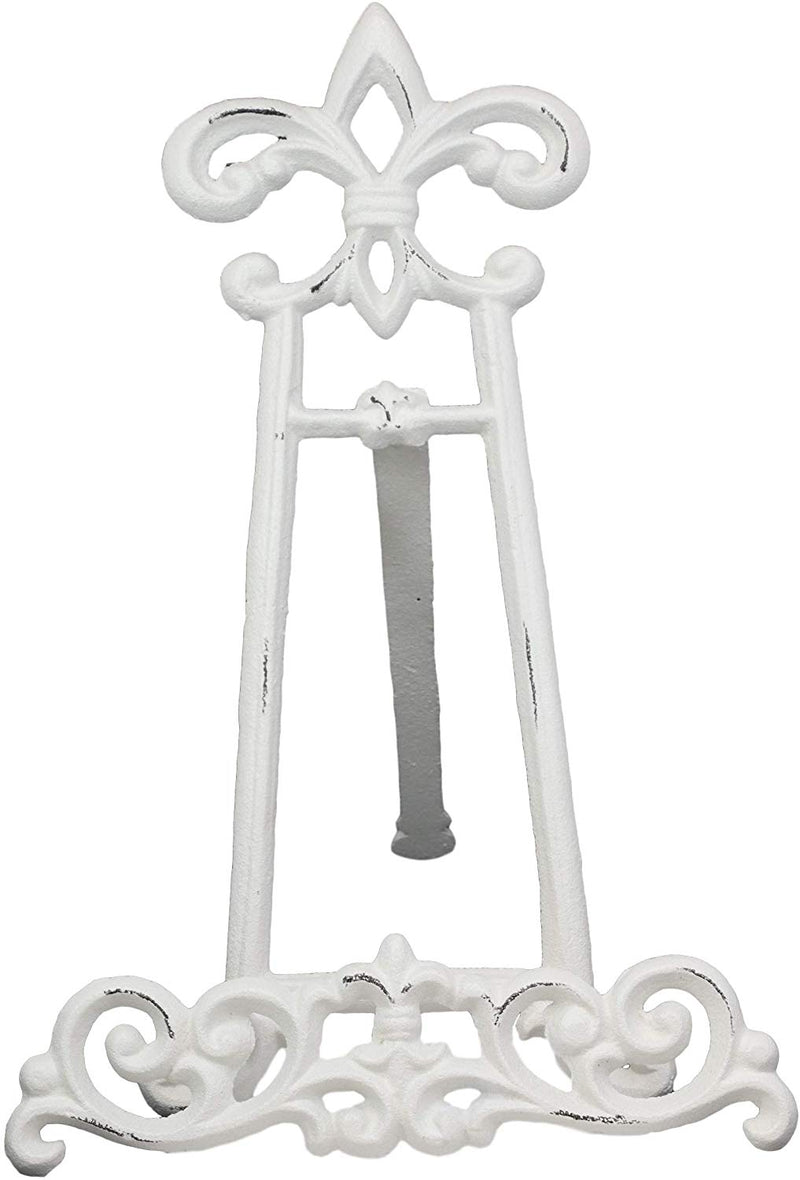 Ebros Cast Iron Rustic White Fleur De Lis Crown Scroll Art Base Easel Photo Book Stand
