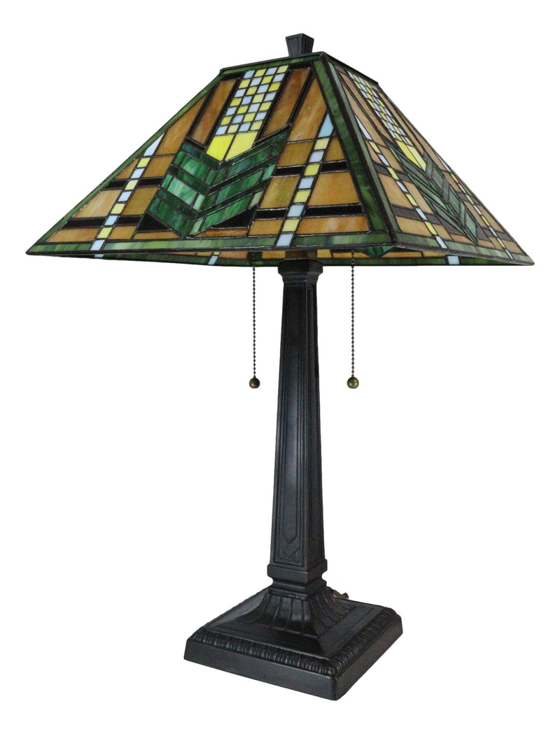 Louis Comfort Tiffany Mission Style Geometric Green Arrow Glass Shade Table Lamp