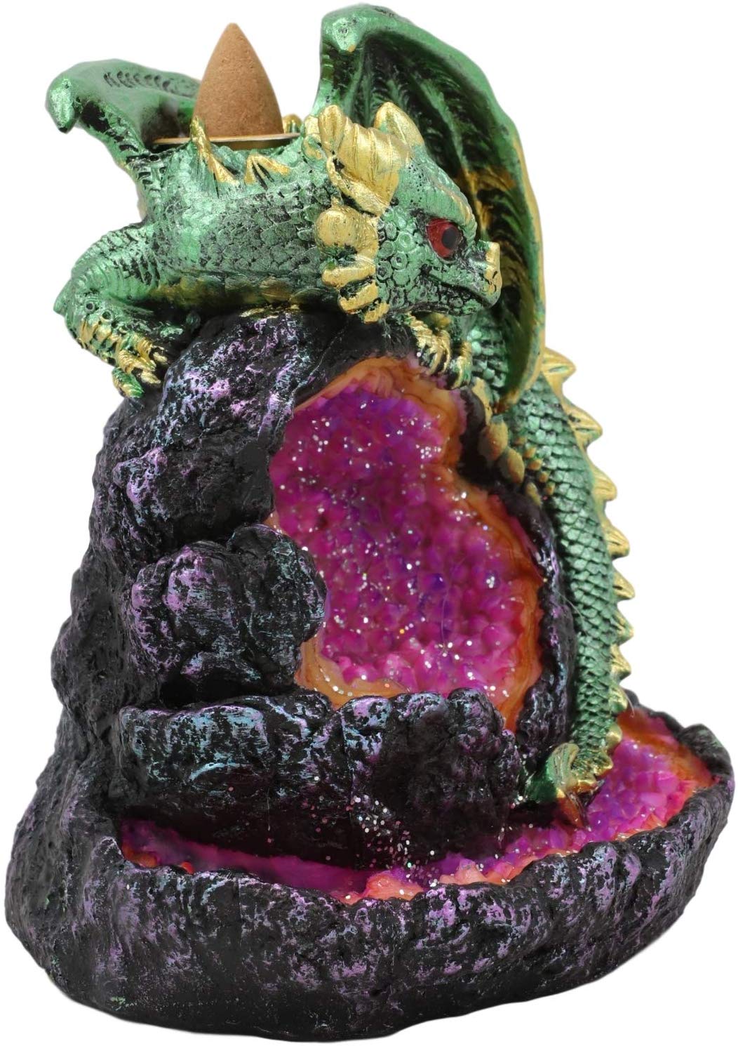 Ebros LED Light Wyrmling Dragon On Crystal Geode Backflow Incense Cone Burner
