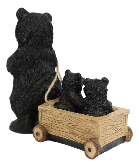 Rustic Black Bear Mother With Cubs Sitting in Wooden Cart Wagon Welcome Statue