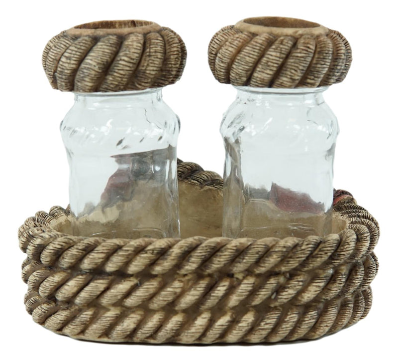 Rustic Western Cowboy Braided Lasso Ropes Salt And Pepper Shakers With Holder Set