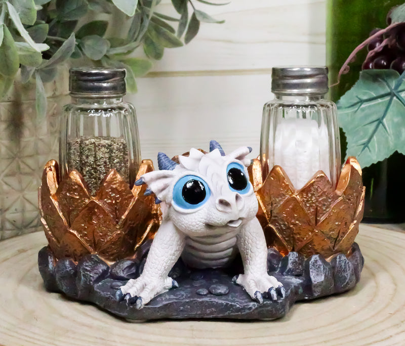 Frozen White Dragon Hatchling In Golden Egg Salt And Pepper Shakers Set Holder