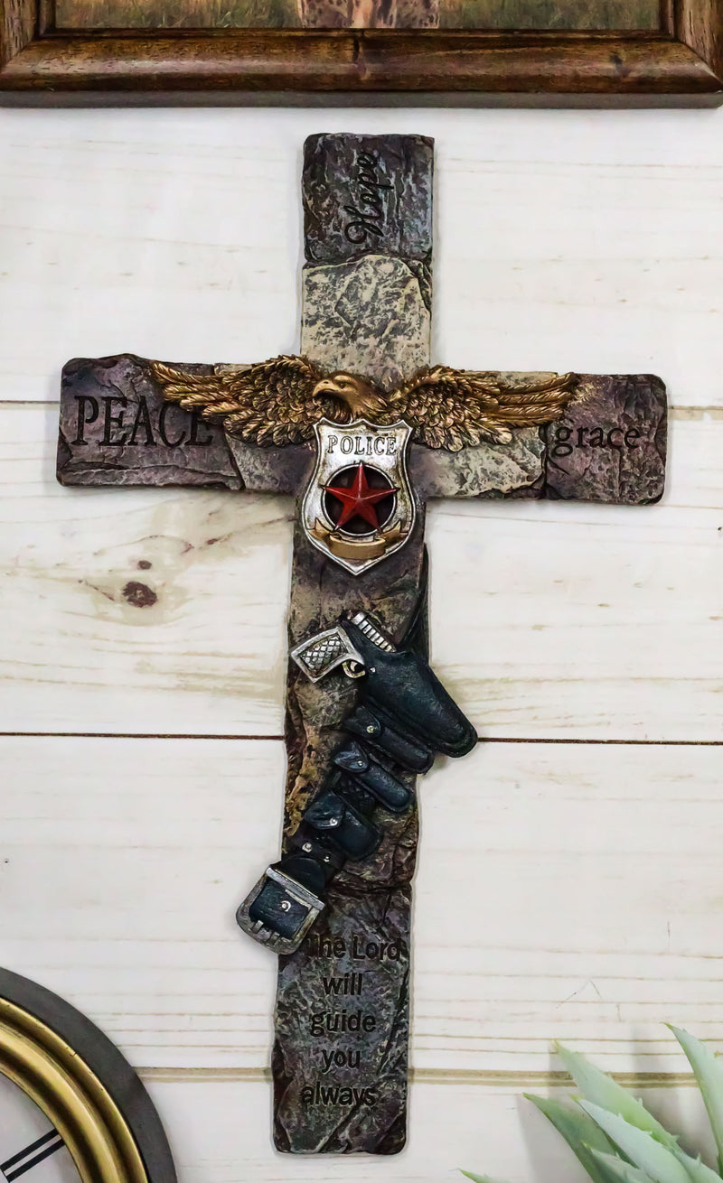 Rustic Western Men In Blue Police Law Enforcement Gun Eagle Badge Wall Cross