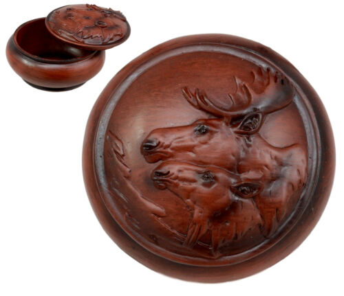Ebros Faux Wood Bull Moose With Calf Rounded Jewelry Trinket Decorative Box Figurine