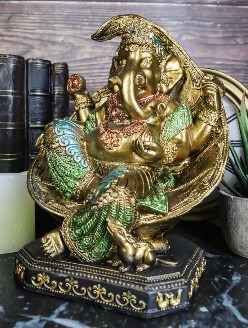 Vastu Hindu God Ganesha Wearing Peacock Train Seated On Peepal Leaf Figurine