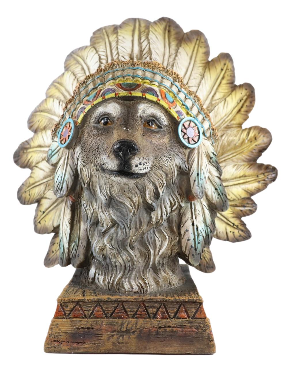 Rustic Western Tribal Indian Warrior Chief Headdress Wolf Figurine With Base