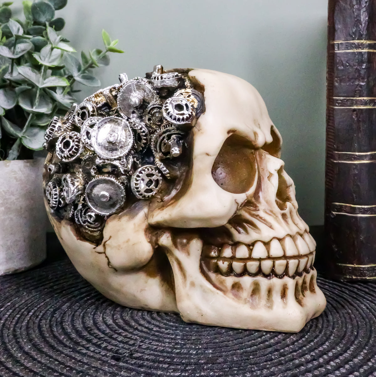 Steampunk Protruding Gearwork Cyborg Robotic Human Skull Figurine Skeleton
