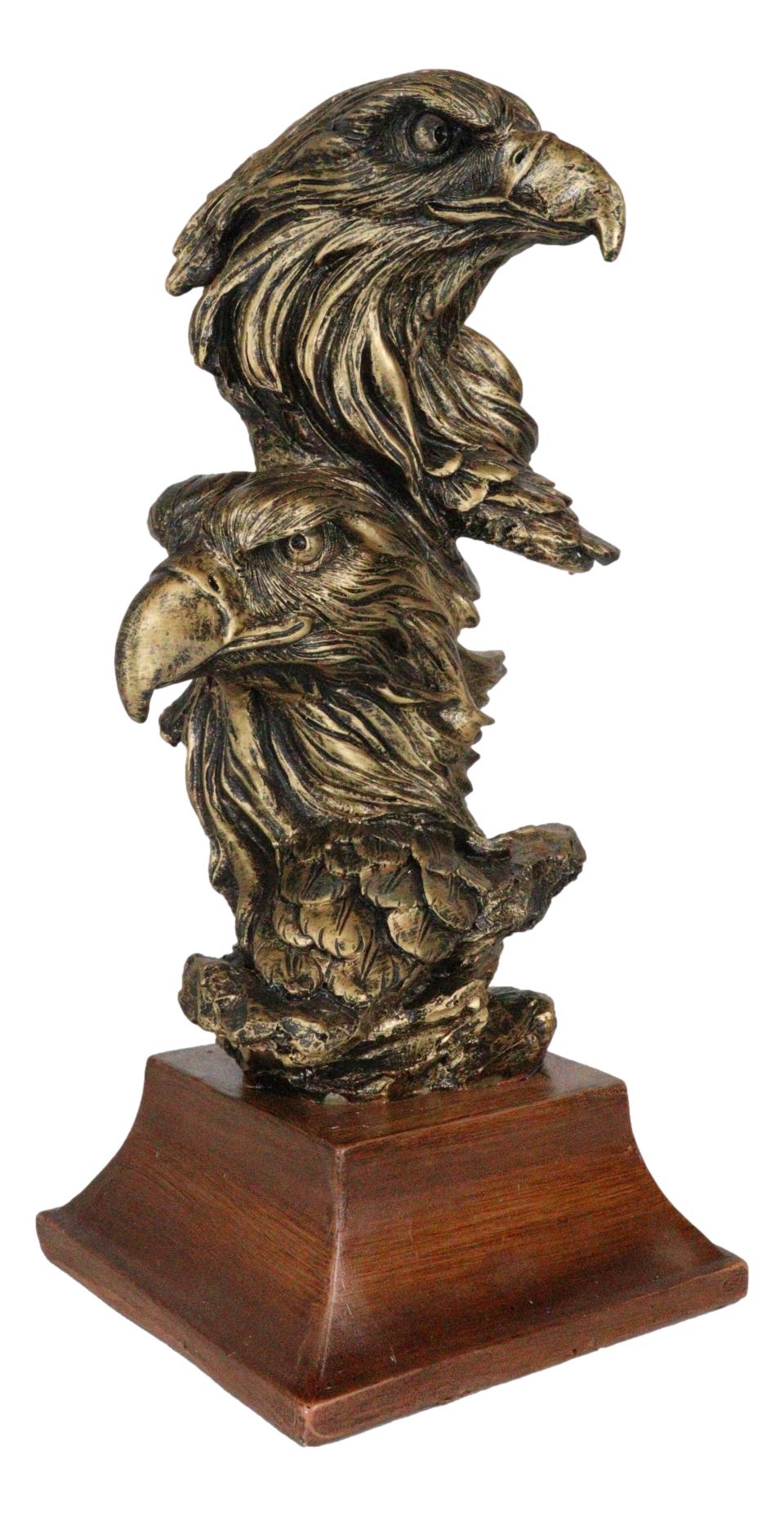 Patriotic Rustic American Bald Eagles Head Bust Figurine With Faux Wood Stand