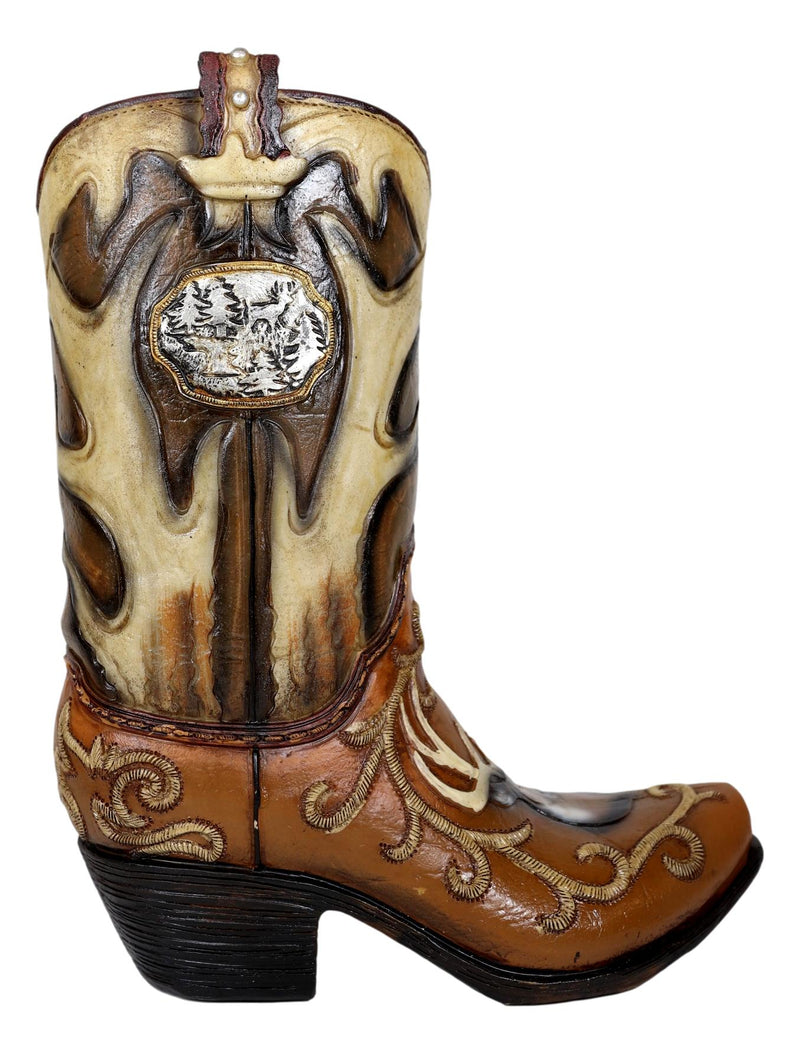Rustic Western Deer Antlers And Stag Bust Cowboy Floral Art Boot Vase Sculpture