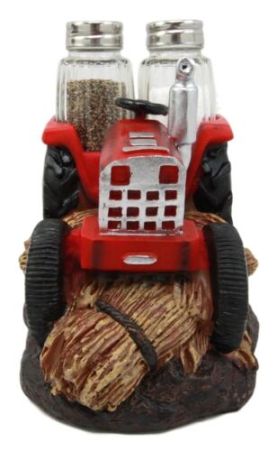 Vintage Country Farm Agriculture Red Tractor Salt Pepper Shakers Holder Figurine