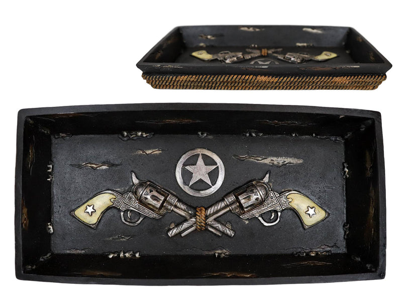 Ebros Rustic Cowboy Dual Revolver Six Shooter Western Star & Ropes Jewelry Dish Tray