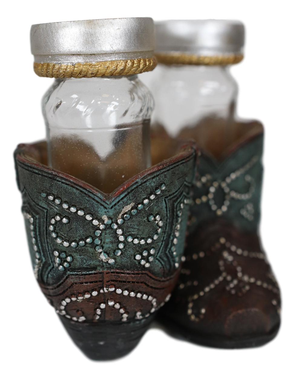 Ebros Fancy Beads Turquoise Pair Of Cowgirl Boots Salt and Pepper Shakers Holder Set
