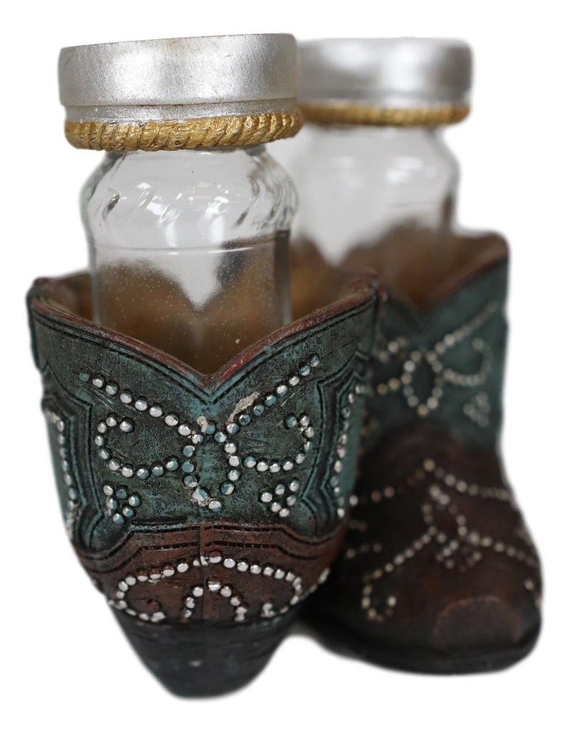 Ebros Fancy Beads Turquoise Pair Of Cowgirl Boots Salt and Pepper Shakers Holder Set