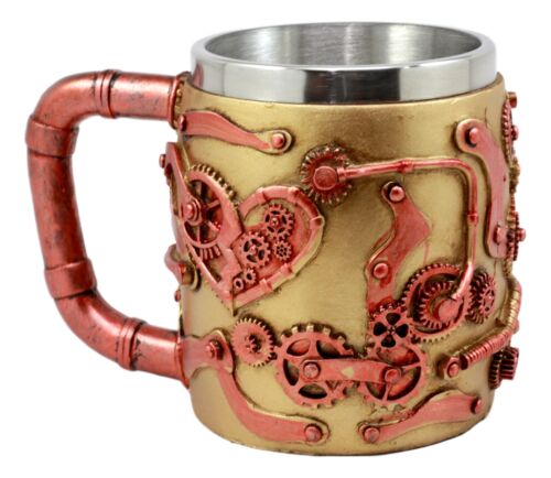 Golden Steampunk Detective Skull Coffee Mug Mechanical Gearwork Pipeline Design