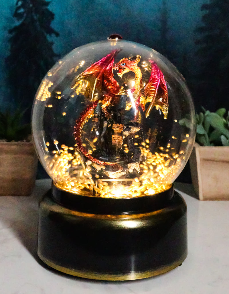 Red Dragon On Rocky Mountain Castle Musical LED Light Air Powered Glitter Globe