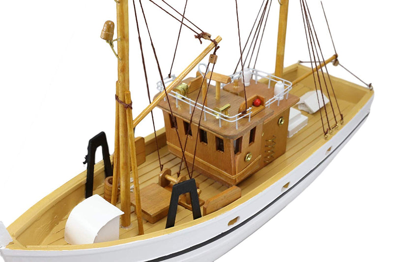 Ebros 17.25" Long Fisherman's Wharf White Wooden Handicraft Nautical Coastal Ocean Marine Trawler Fishing Vessel Boat Model Statue with Wood Base Stand Fully Assembled Figurine Sea Ship Prototype - Ebros Gift