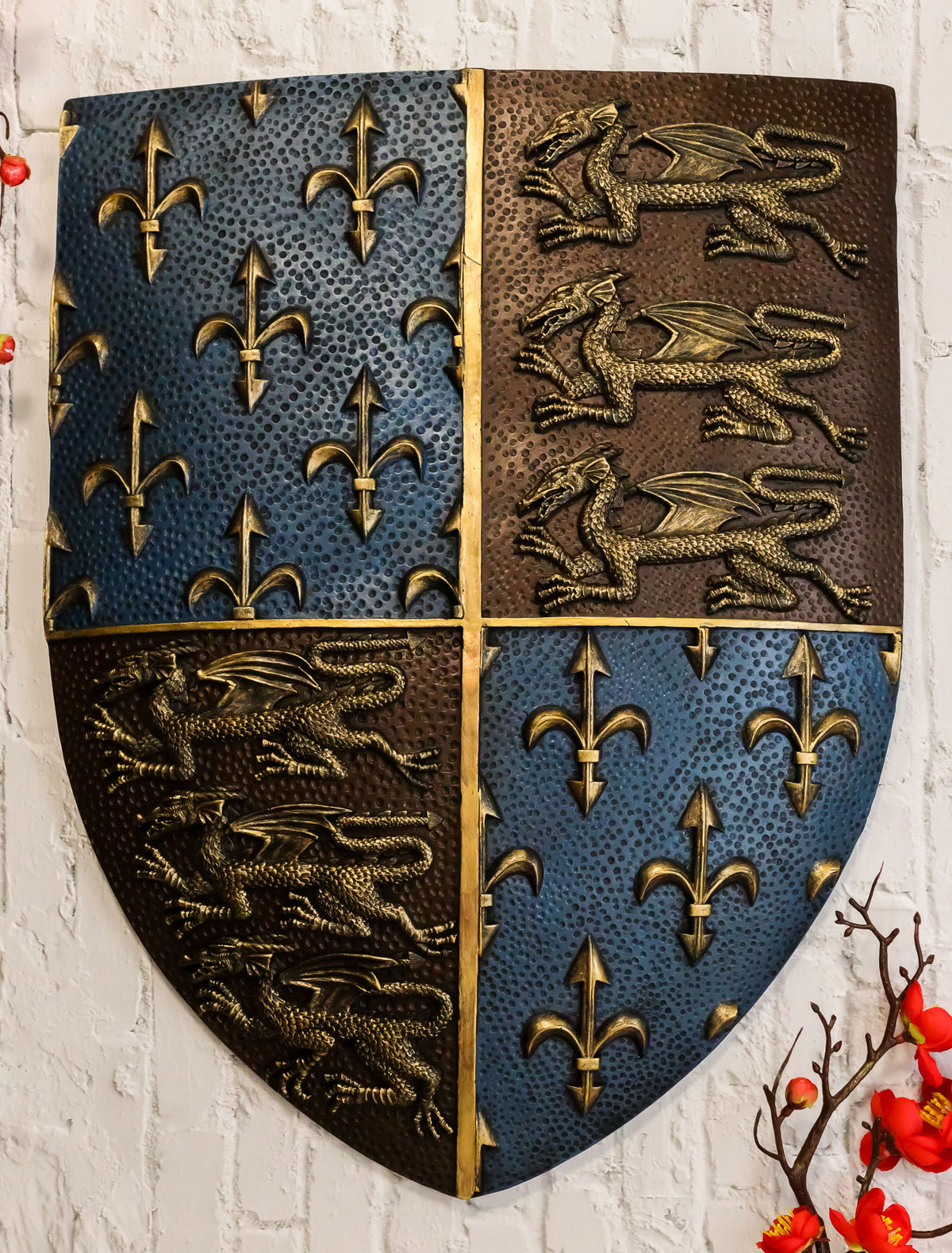 Large Medieval Knight Coat of Arms Fleur De Lis And 3 Dragons Shield Wall Decor