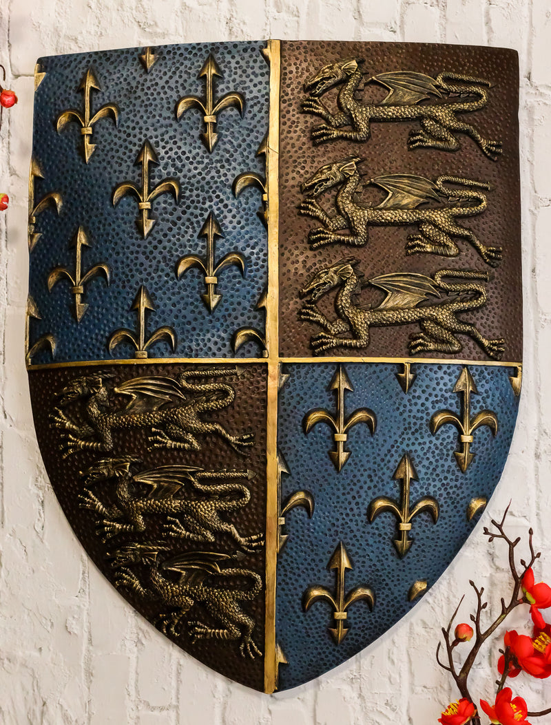 Ebros Gift Large Medieval Kingdom Knight Coat of Arms Le Fleur Symbols and 3 Dragons Royal Shield Wall Decor Plaque in Maroon and Blue Colors 19" Tall Heraldry House of Nobility Symbols