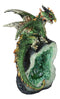 Metallic Green Iridescent Dragon On Faux Geode Rock Quartz Crystal Cove Figurine