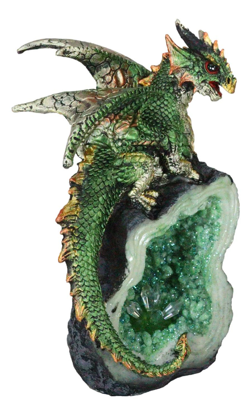 Metallic Green Iridescent Dragon On Faux Geode Rock Quartz Crystal Cove Figurine