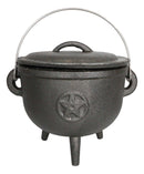Cast Iron Occult Wicca Pentagram Star In Circle Cauldron With Handle and Lid