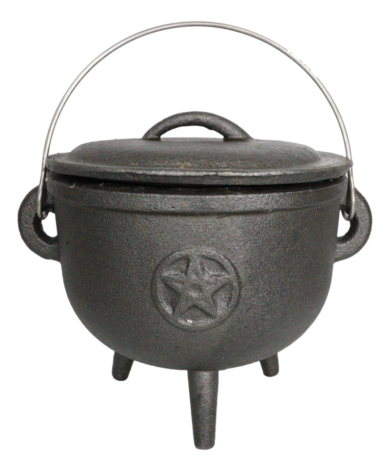 Cast Iron Occult Wicca Pentagram Star In Circle Cauldron With Handle and Lid