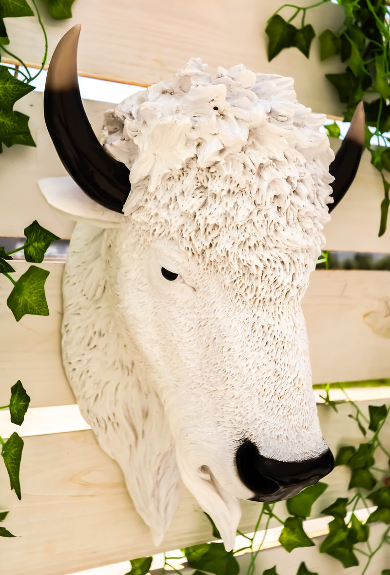 Ebros Sacred Lightning White Buffalo Wall Decor 18"H Faux Bison Head Taxidermy