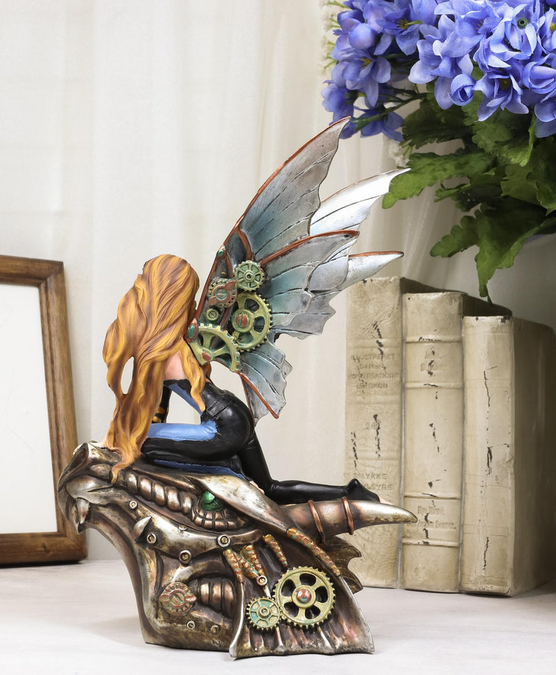 Ebros Steampunk Gearwork Pilot Fairy On Mechanical Cyborg Dragon Head Statue