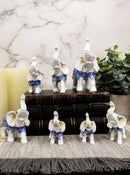 Ebros Blue White Feng Shui Miniature Thai Buddhism Elephants With Trunks Up Set of 7