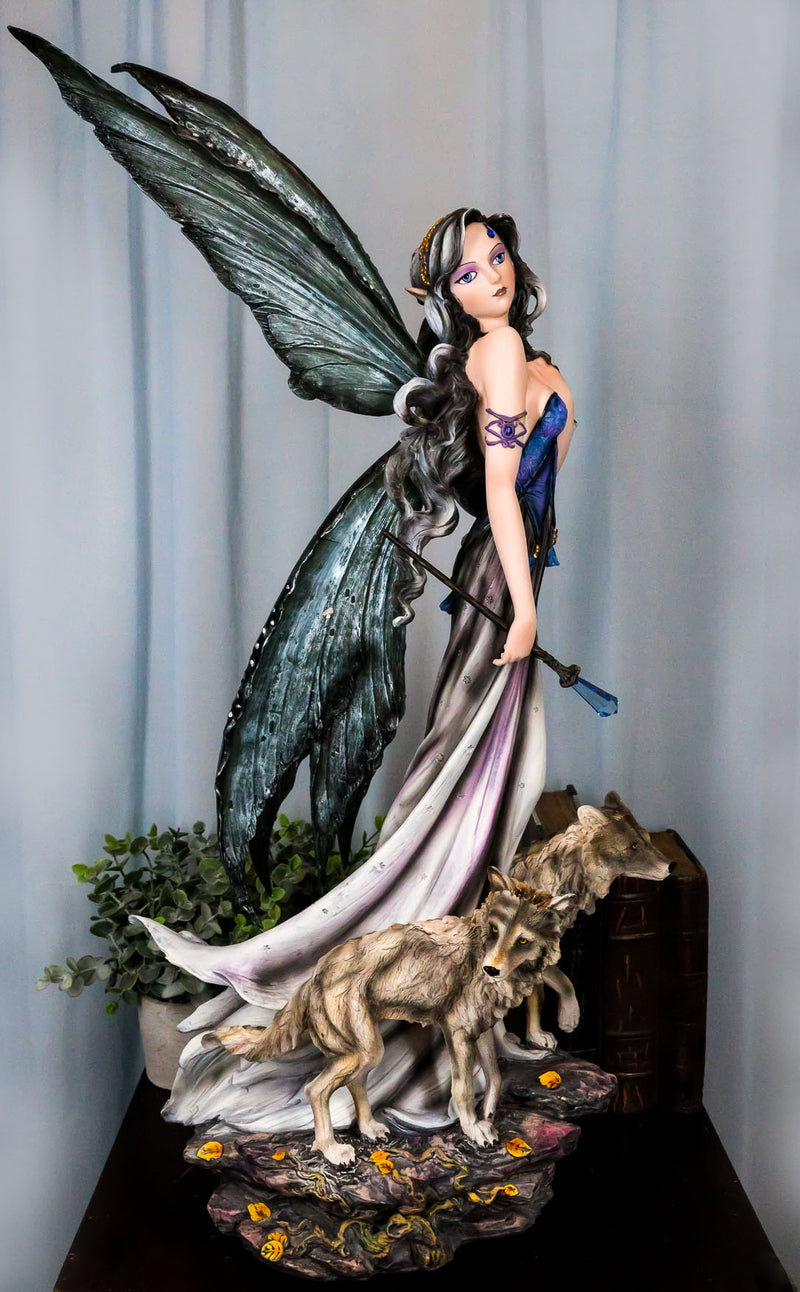 Large 23"Tall Crystal Orb Torch Fairy Running With Wolves Decorative Statue