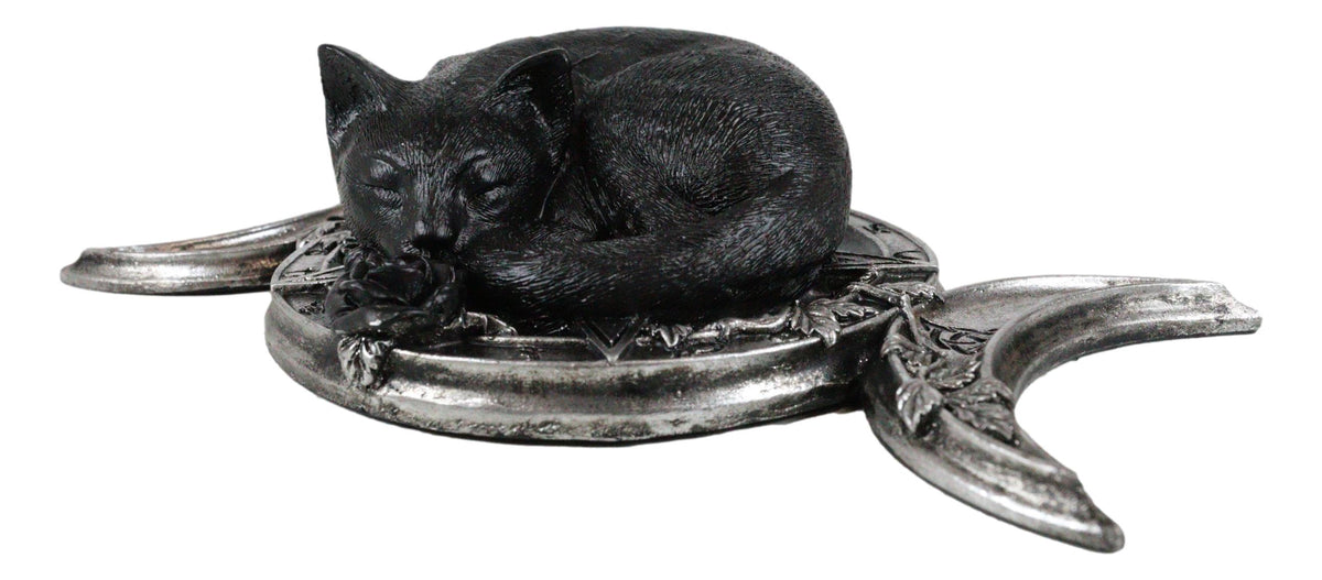 Wicca Witchcraft Triple Moon Insignia With Sleeping Black Cat And Rose Figurine
