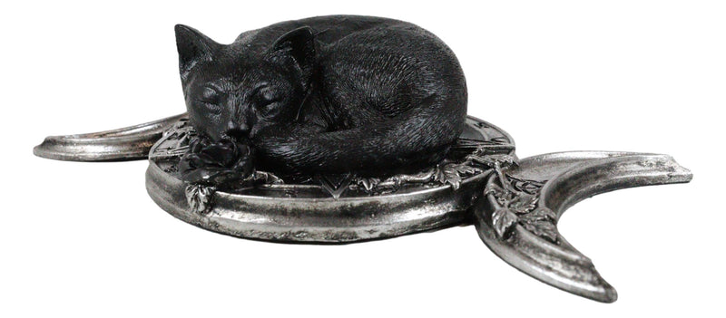 Wicca Witchcraft Triple Moon Insignia With Sleeping Black Cat And Rose Figurine