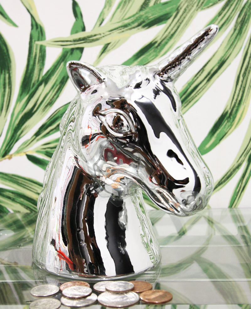 Electroplated Silver Sacred Unicorn Head Money Coin Bank Figurine Kids Adults
