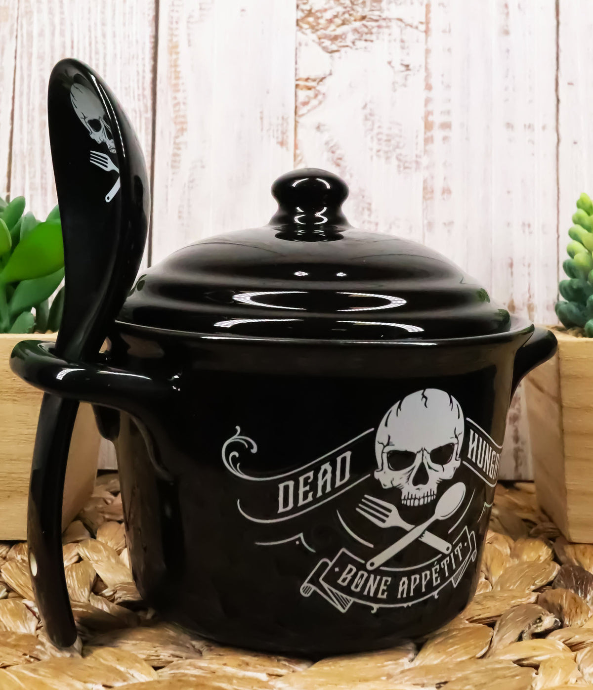 Macabre Dead Hungry Skull Bone Appetit Fine Bone China Bowl With Spoon And Lid - Ebros Gift