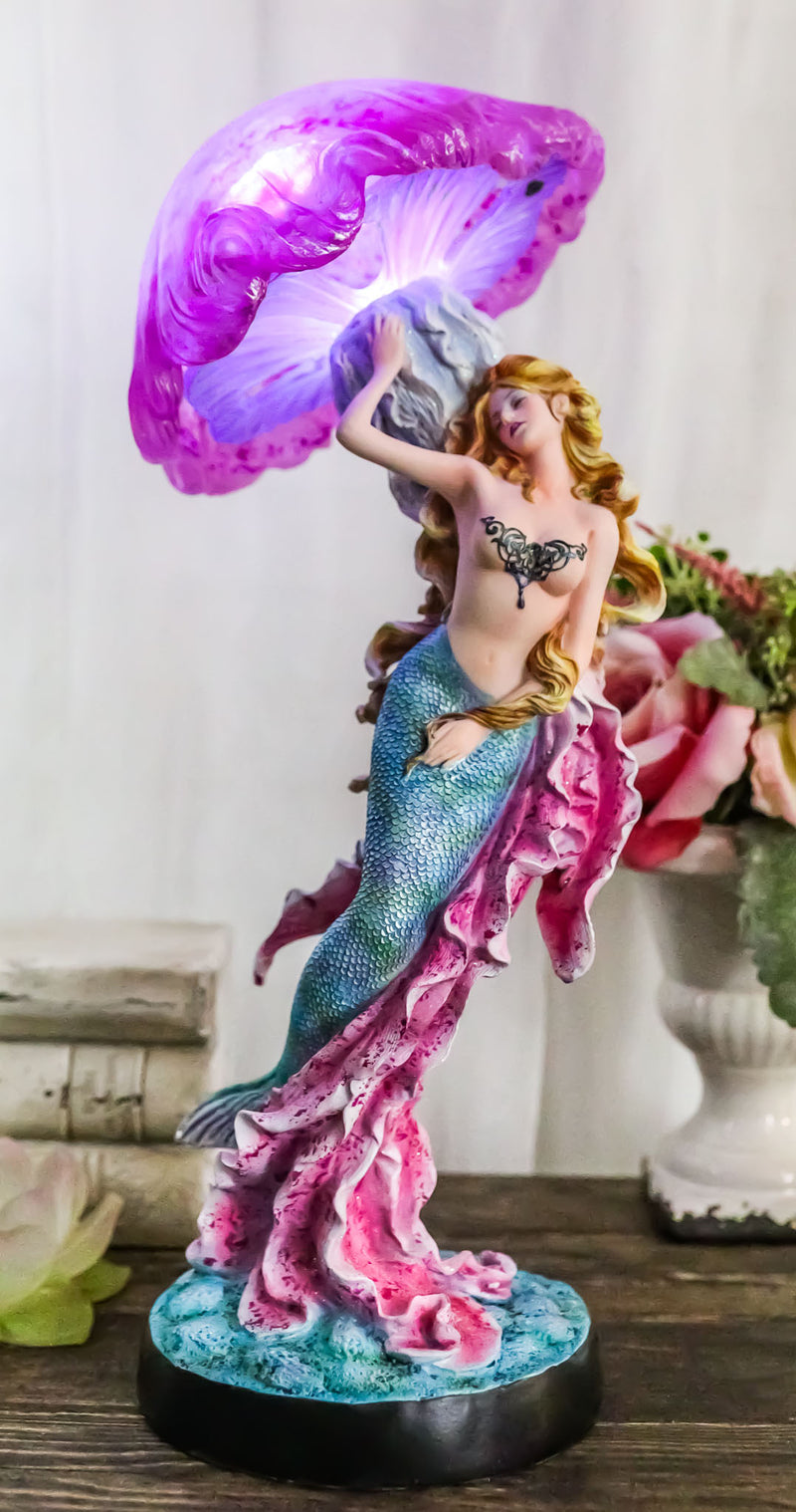 Large 17.25"H Mermaid With Pink Jellyfish Statue With Colorful LED Light