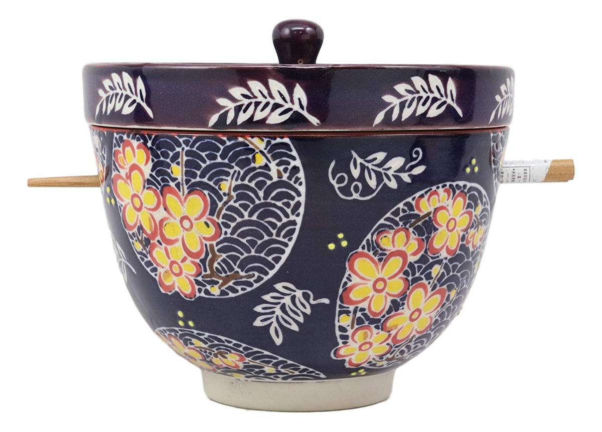 Ebros Japanese Dining Tempura Udon Noodles And Tentsuyu Dipping Sauce Large 6"D Bowl With Condiment Divider Lid And Built In Chopsticks Rest With Bamboo Chopsticks Set (Blue Spring Blossoms)