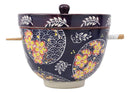 Ebros Japanese Dining Tempura Udon Noodles And Tentsuyu Dipping Sauce Large 6"D Bowl With Condiment Divider Lid And Built In Chopsticks Rest With Bamboo Chopsticks Set (Blue Spring Blossoms)