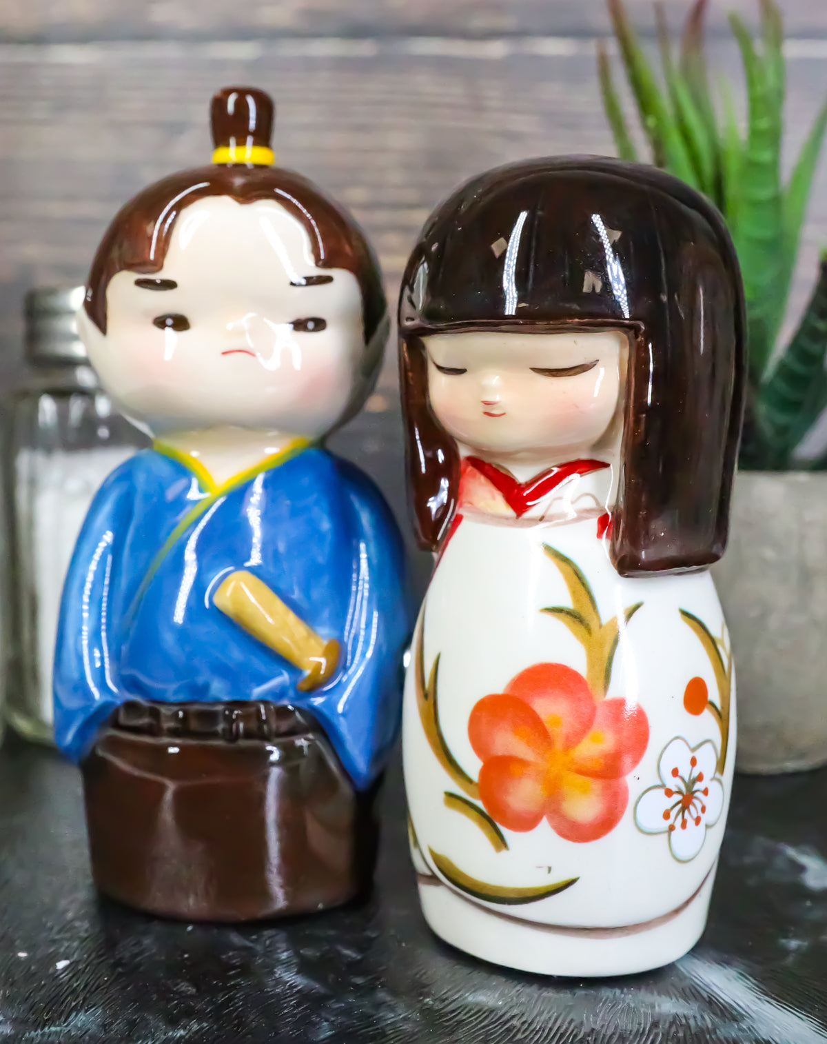 Ebros Cultural Asia Japanese Kokeshi Couple Ceramic Magnetic Salt Pepper Shakers Set
