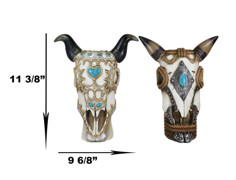 Set Of 2 Southwest Cow Skull With Turquoise Rocks And Braided Ropes Floral Vases