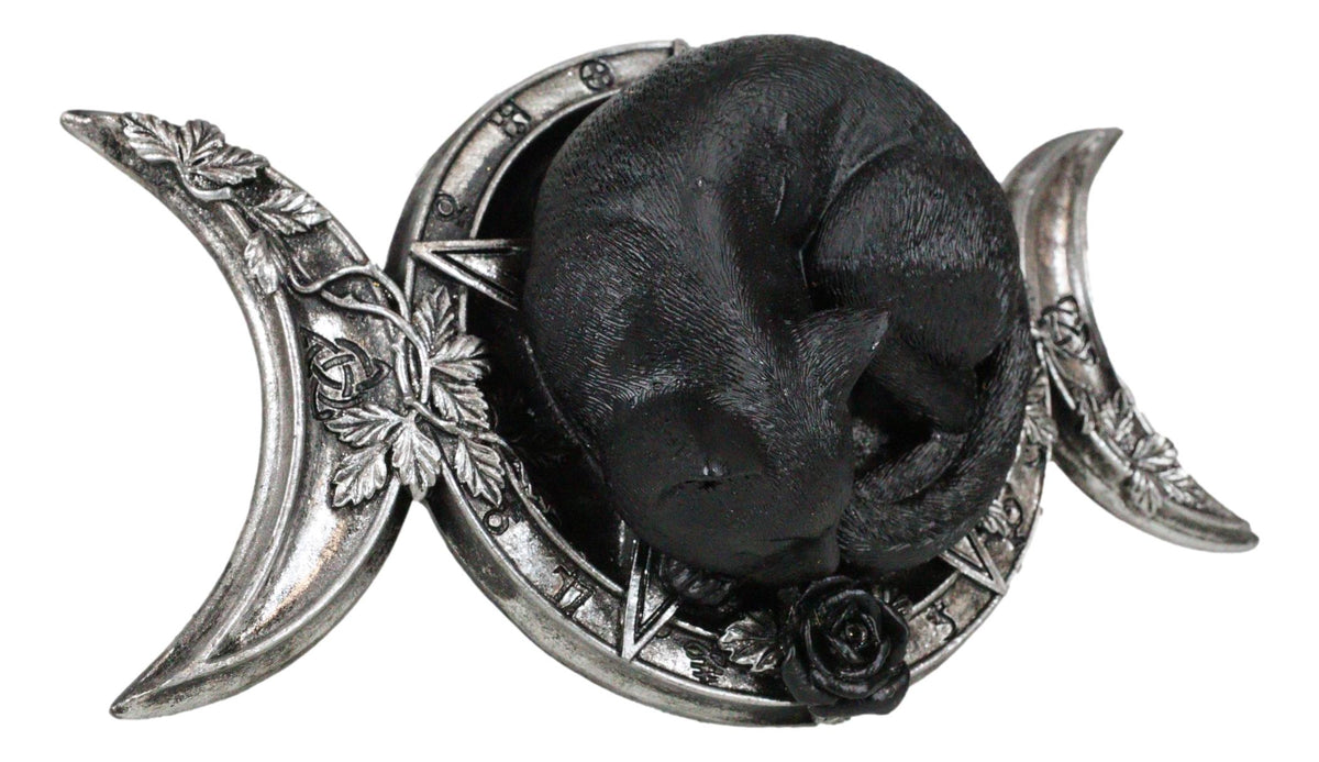 Wicca Witchcraft Triple Moon Insignia With Sleeping Black Cat And Rose Figurine