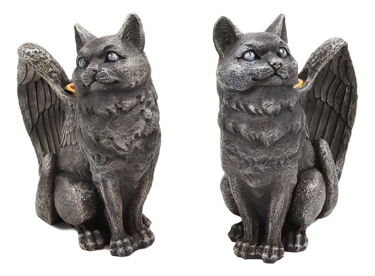 Gothic Angel Winged Cat Gargoyles Left And Right Facing Candle Holder Statue Set - Ebros Gift