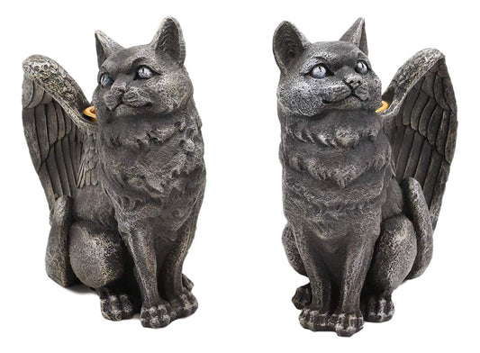 Gothic Angel Winged Cat Gargoyles Left And Right Facing Candle Holder Statue Set - Ebros Gift