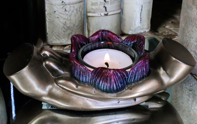 Ebros Dhyana Mudra Buddha Palms With Padma Lotus Tea Light Votive Candle Holder