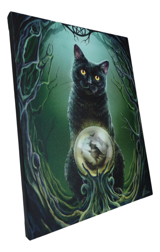 Rise Of The Witches Black Cat By Scrying Ball Wood Framed Canvas Wall Decor - Ebros Gift