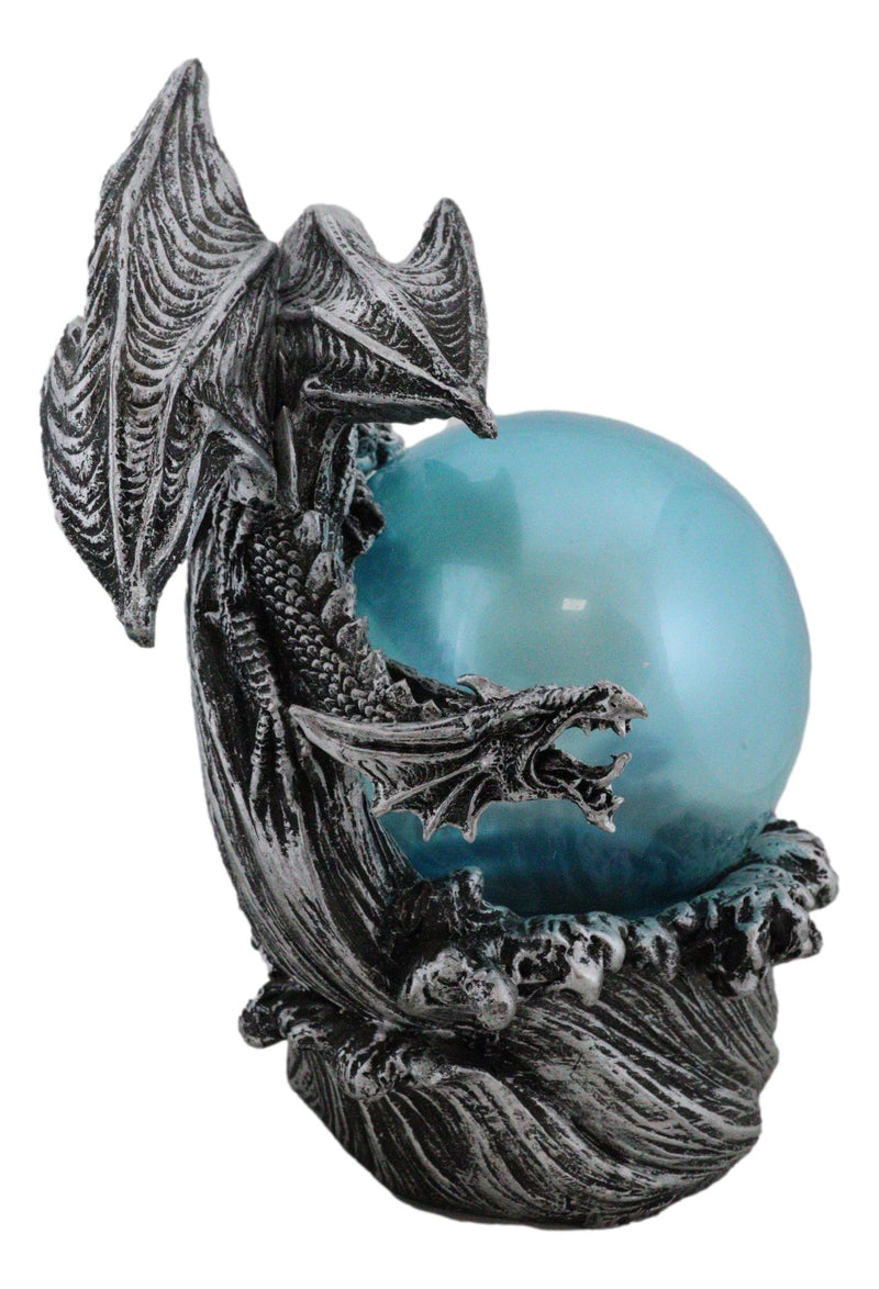 Silver Ocean Dragon Riding Tidal Sea Waves With Colorful LED Sphere Orb Figurine