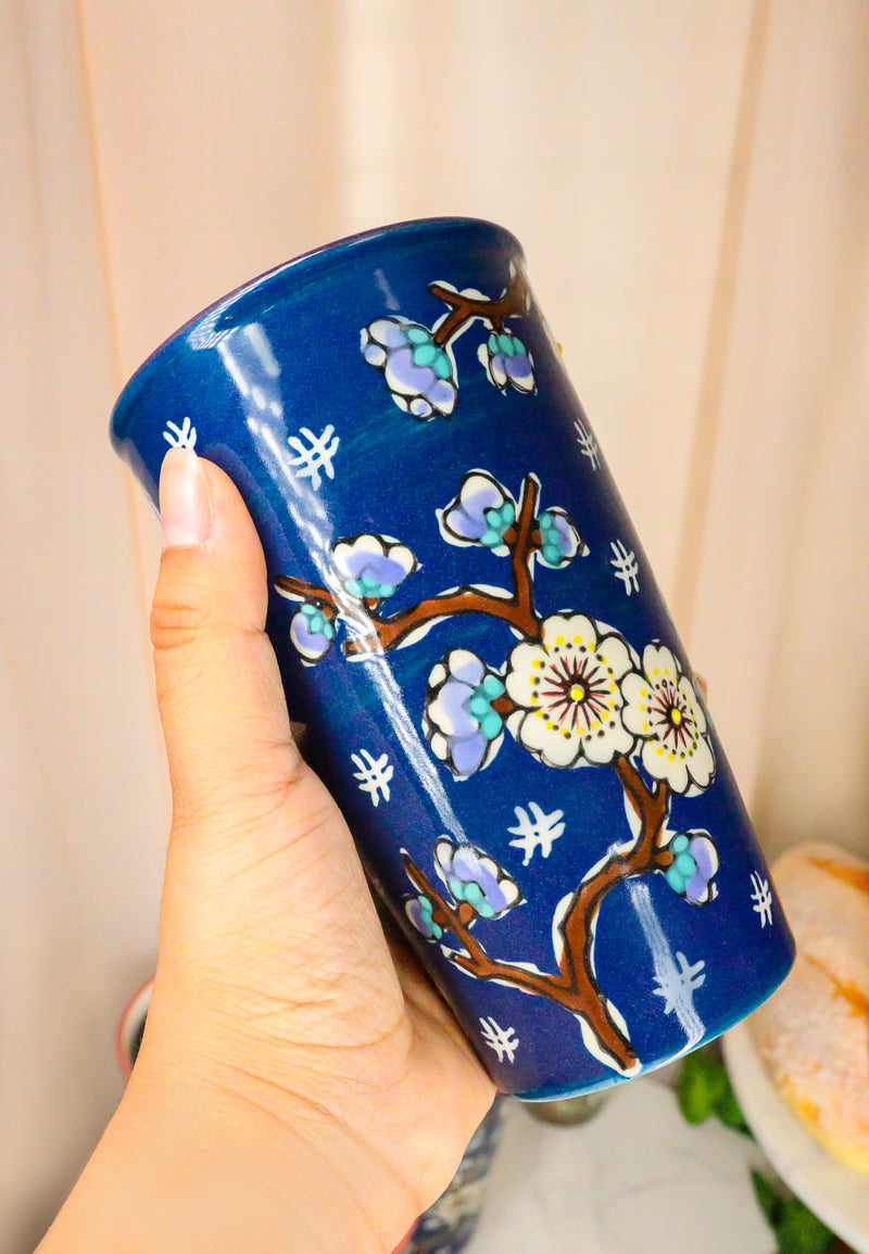 Blue Midnight Cherry Blossoms Ceramic Travel Mug Cup 12oz With Lid Hot Or Cold