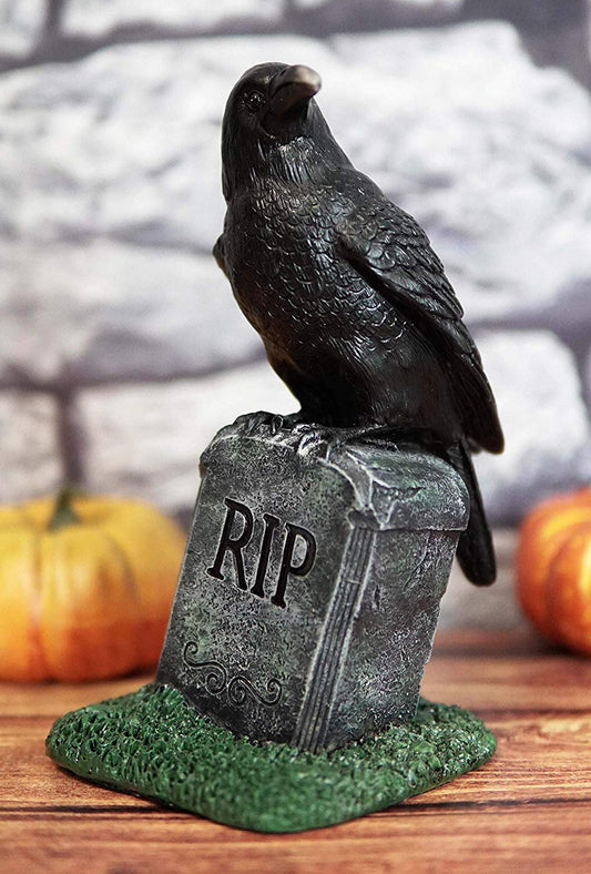 Ebros Gothic Raven Crow On Tombstone Statue 8"H RIP Headstone Figurine Decor