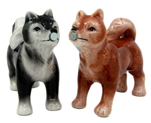 Ebros Animated Dog Siberian Huskies Salt and Pepper Shakers Ceramic Magnetic Figurine Set 4" L Pedigree Dogs Husky Breed Brown and Black Coat Kissing Collectible Figurines Kitchen Decorations - Ebros Gift