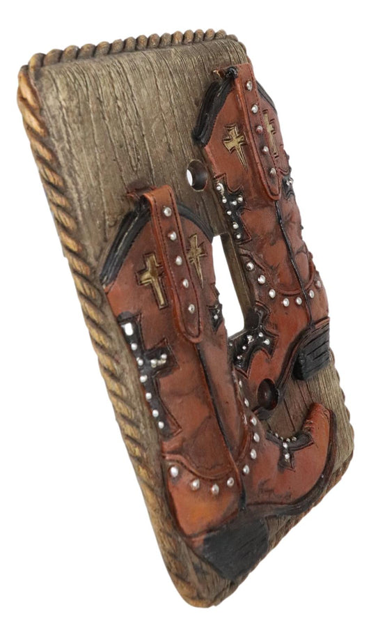 Set of 2 Rustic Western Cowboy Boots Faux Wood Wall Single Toggle Switch Plates
